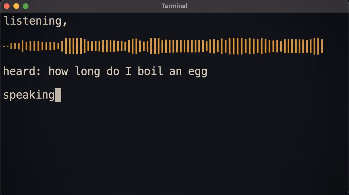 What an AI voice agent does, a terminal showing an audio waveform, the transcribed sentence and the spoken reply