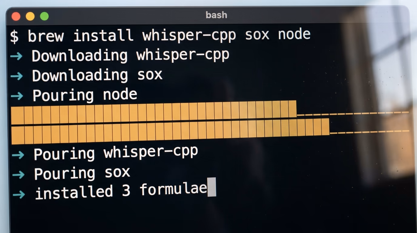 Installing the pieces of an AI voice agent, a macOS Terminal running brew install whisper-cpp and sox