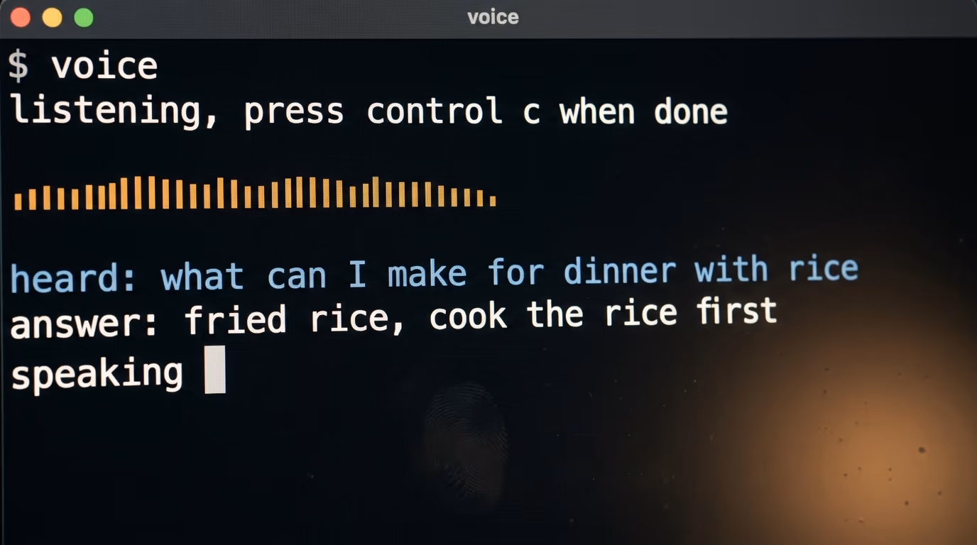 An AI voice agent running on a Mac, the terminal printing what it heard and the answer it spoke