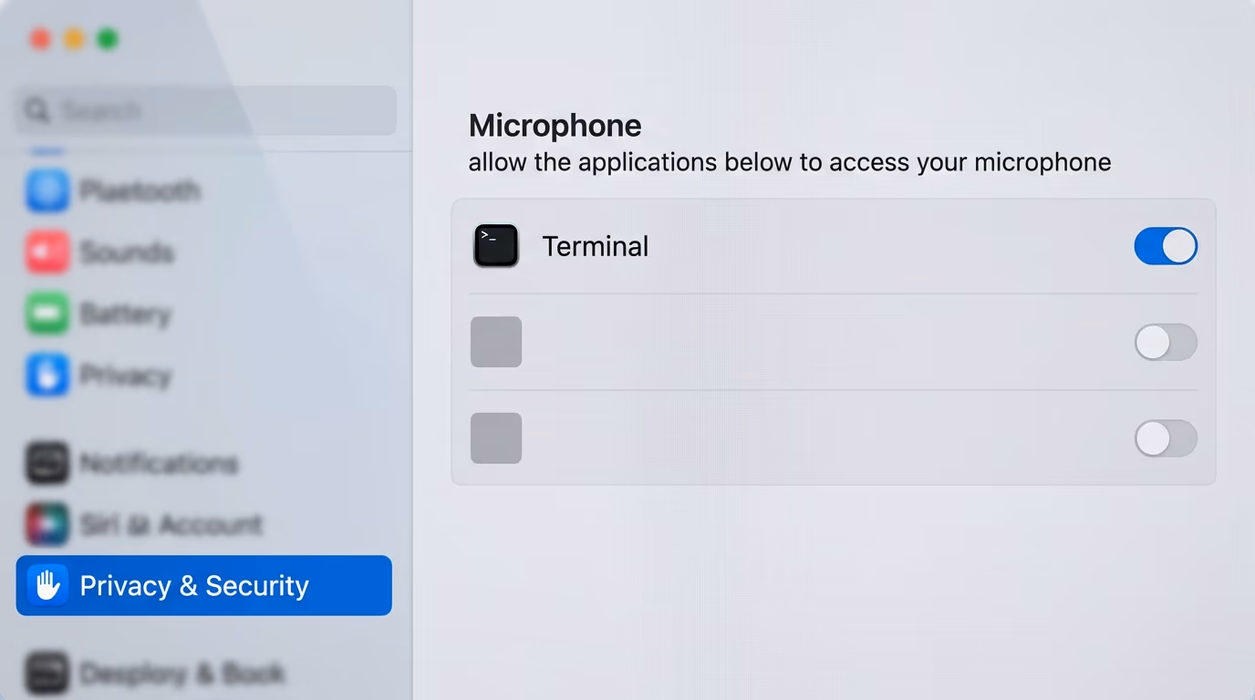 The first failure of a local AI voice agent, the macOS Privacy and Security microphone settings pane