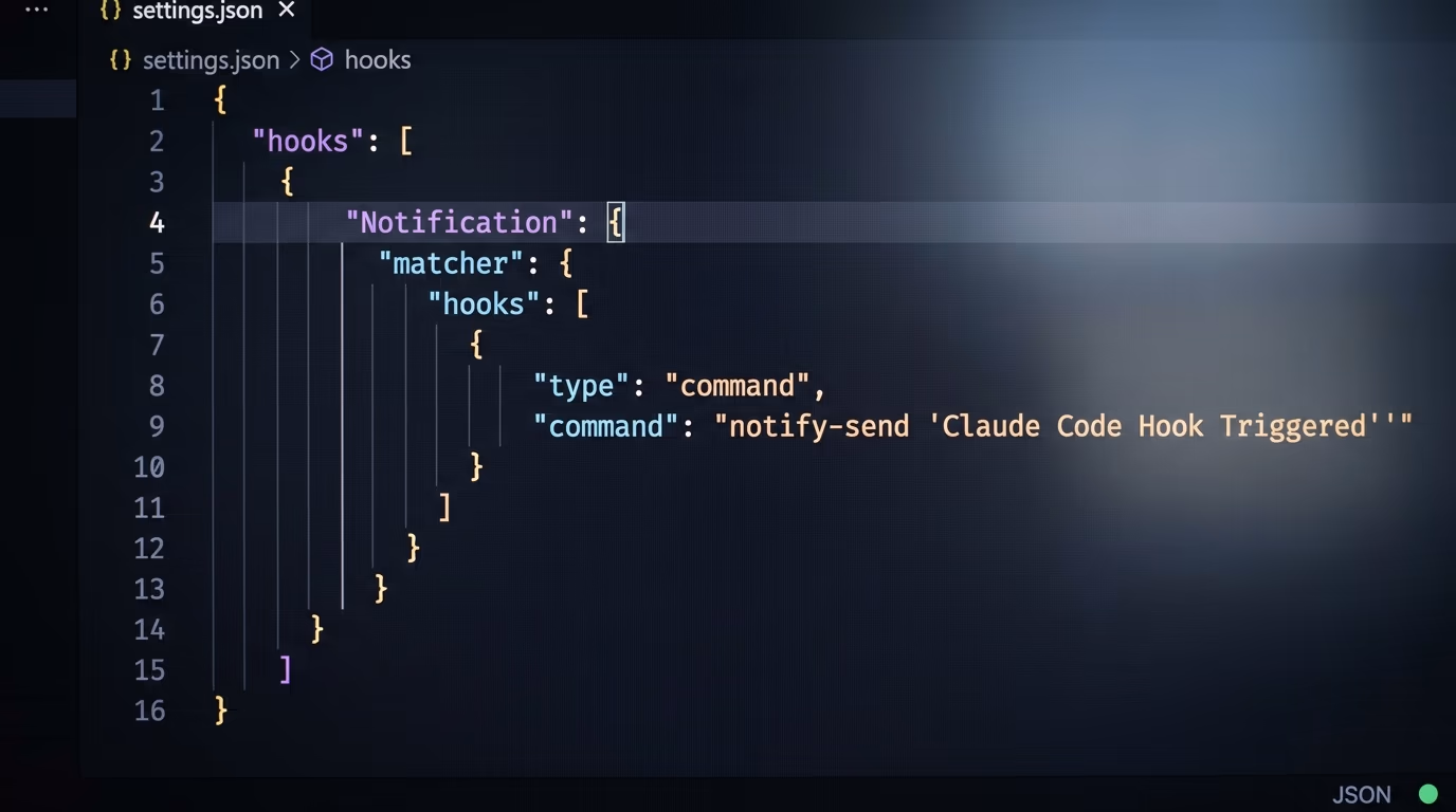 A settings.json file open in an editor showing a Claude Code hooks block