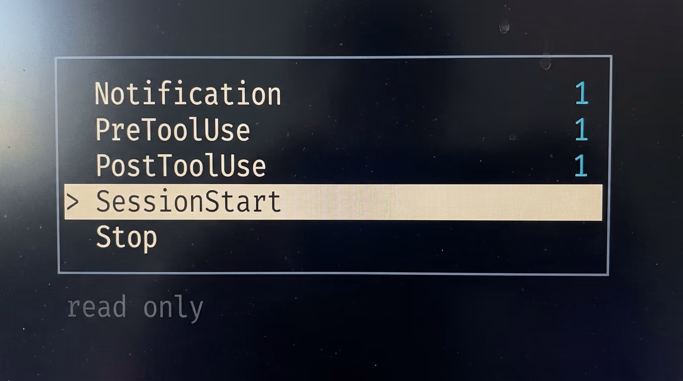 The Claude Code hooks menu listing Notification, PreToolUse and PostToolUse with counts