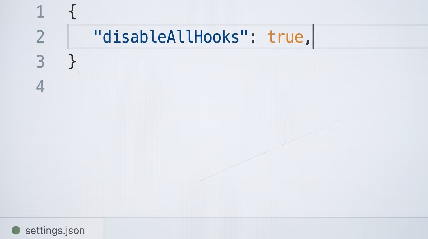 A settings.json file showing the disableAllHooks setting turned on