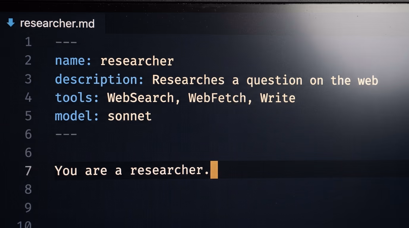 A subagent markdown file showing the name, description, tools and model settings