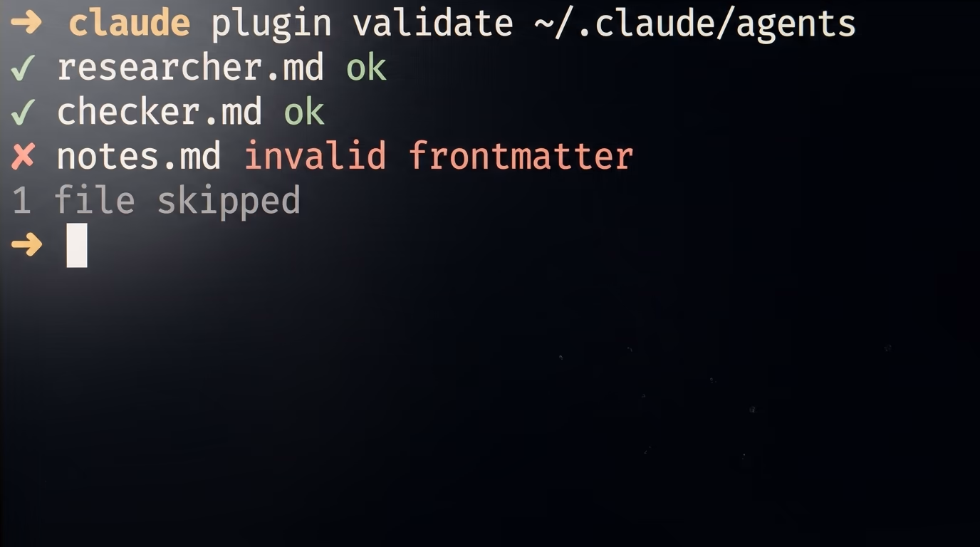 Claude Code validating a subagents folder and reporting a file it skipped