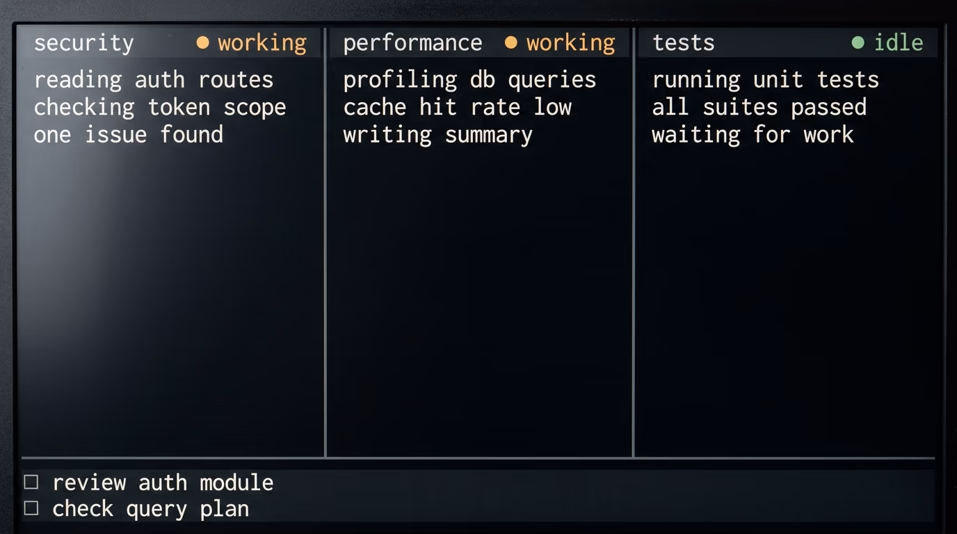 Claude Code agent panel listing several running teammates in a terminal