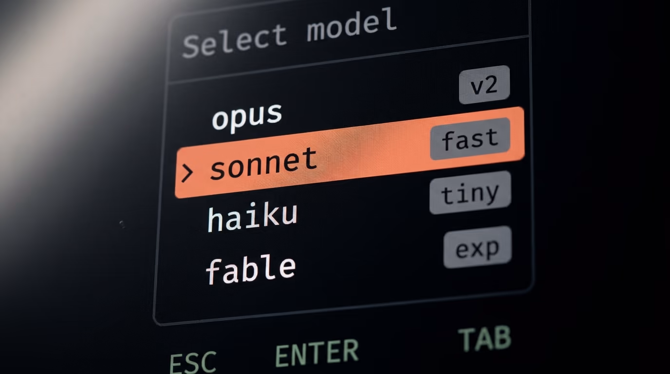 Claude Code model picker showing Opus, Sonnet and Fable aliases