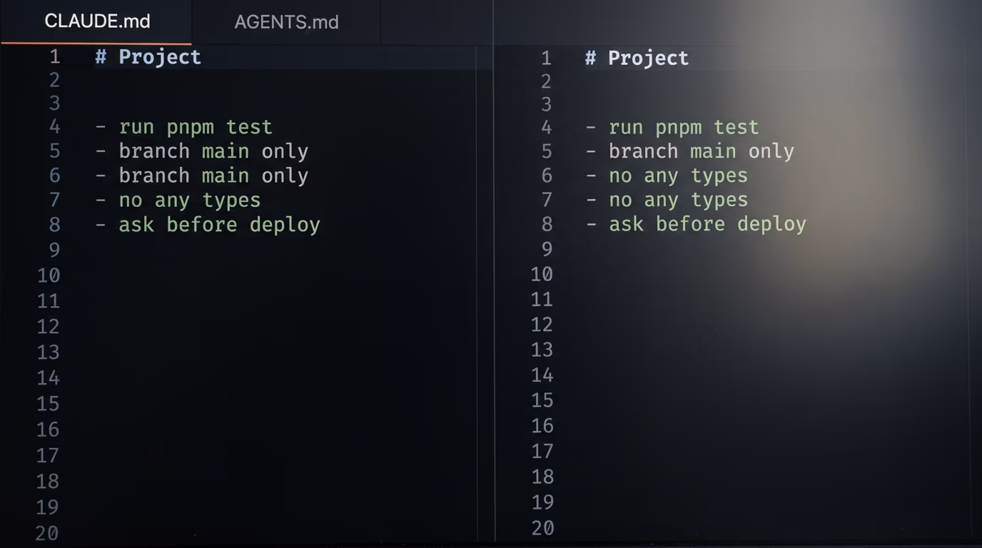 AGENTS.md and CLAUDE.md project instruction files in a code editor