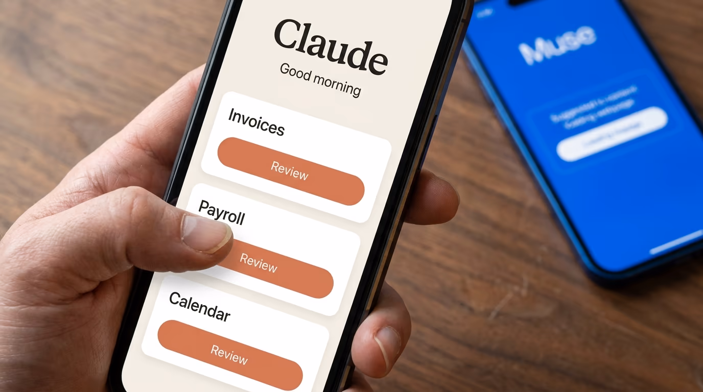A phone showing the Claude Duet morning brief, with a second phone running Meta Muse behind it