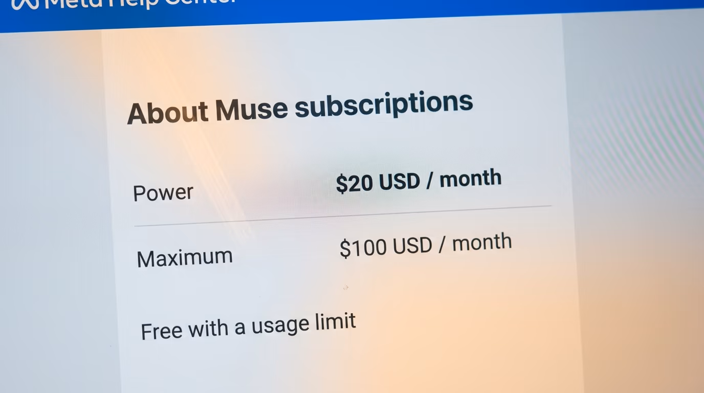 Meta help page showing the Muse Power and Muse Maximum monthly prices