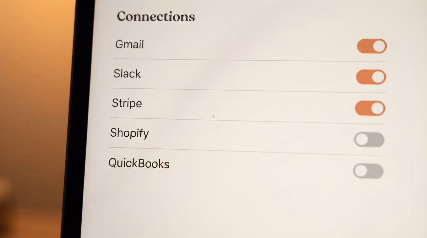 A connections settings list showing Gmail, Slack, Stripe, Shopify and QuickBooks with toggles