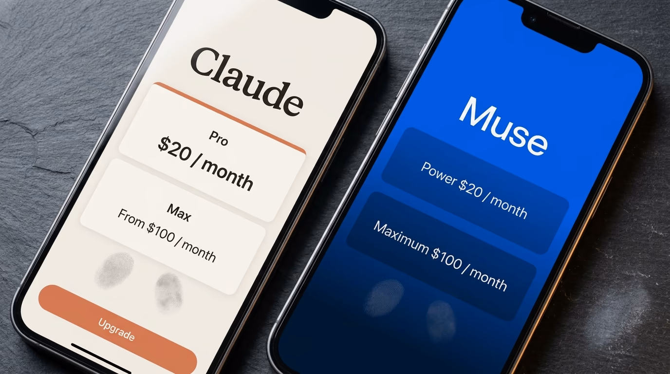 Claude Duet and Meta Muse subscription screens side by side on 2 phones, both showing the same monthly prices