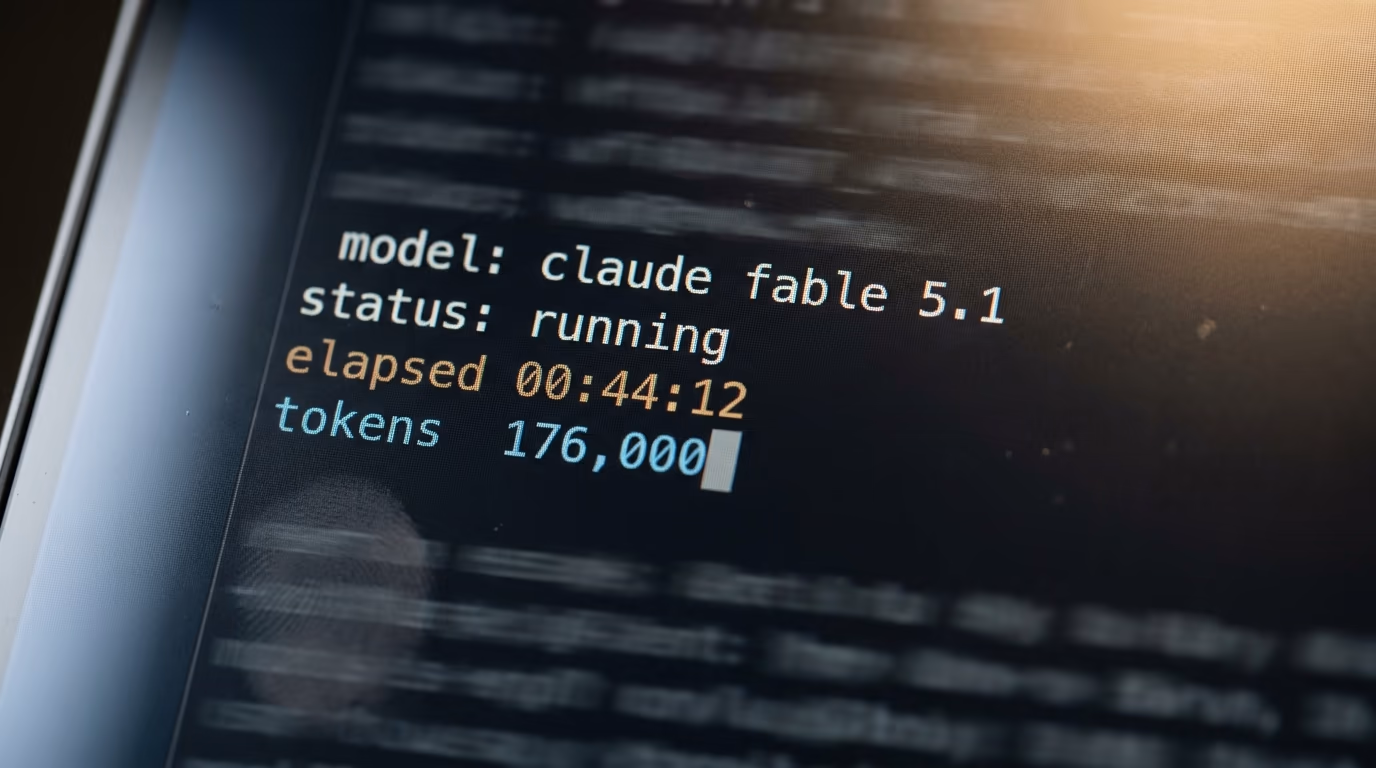 Terminal showing the Claude Fable 5.1 cipher run, elapsed time and token count