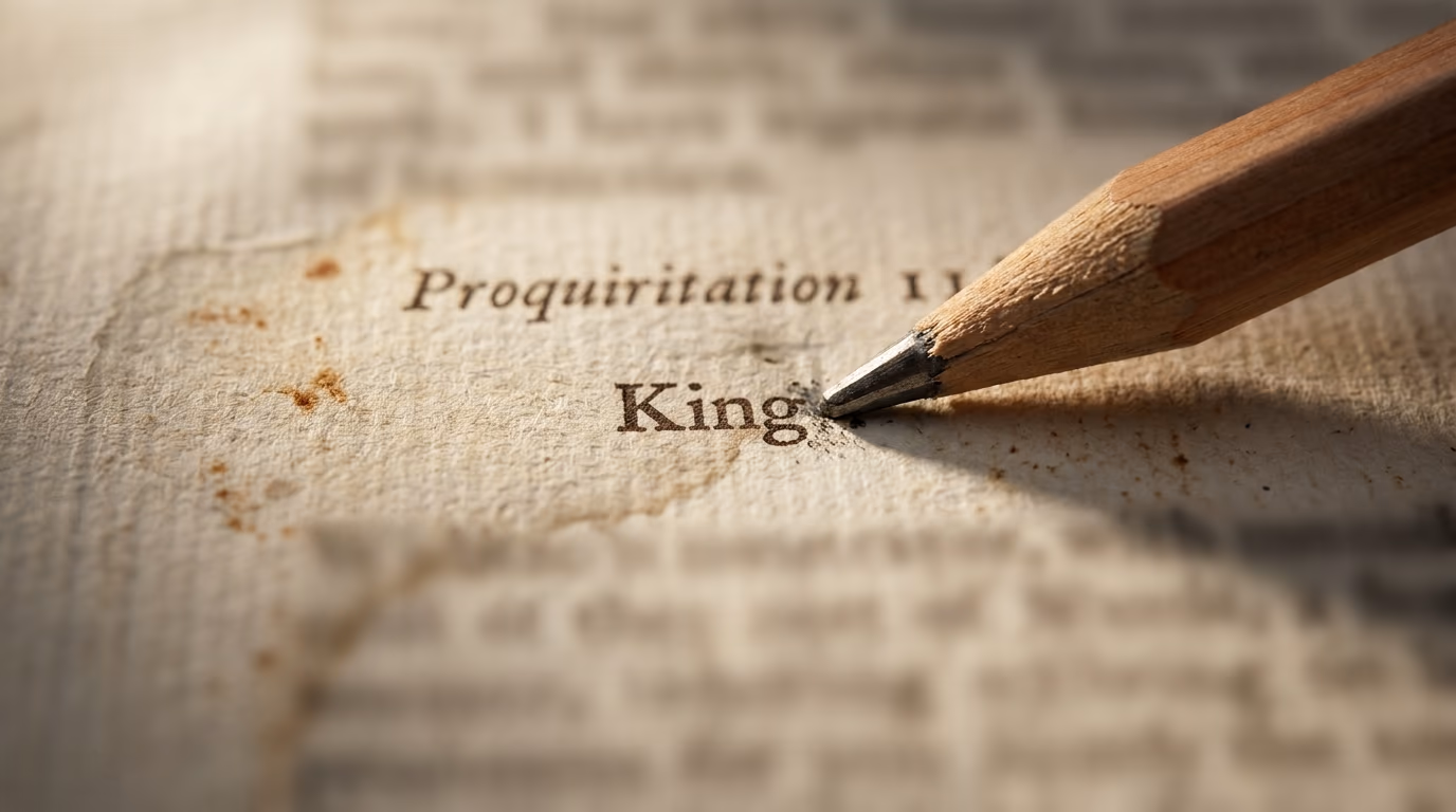 Pencil resting on a word in Proquiritation 11, the book cipher decoding rule