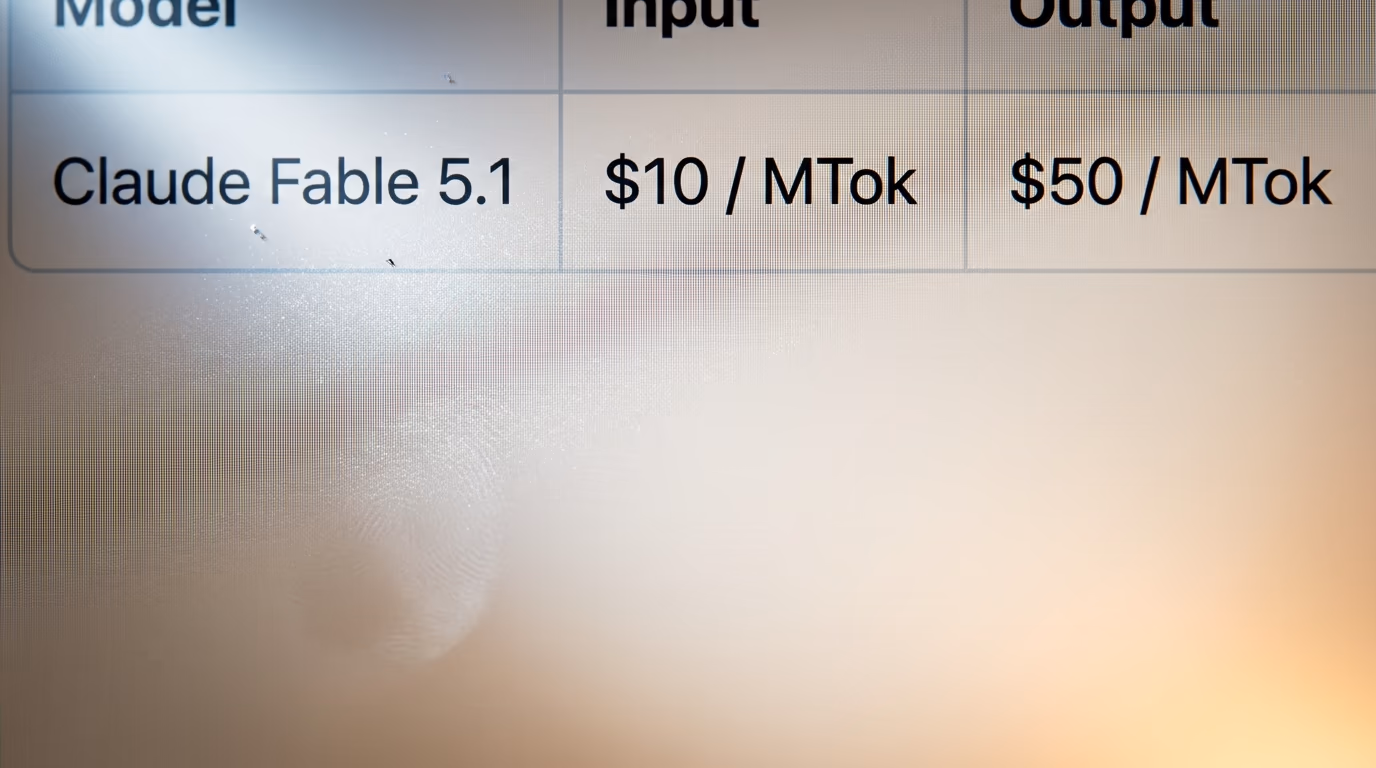 Claude Fable 5.1 token price, $10 per million input and $50 per million output on Anthropic's pricing page