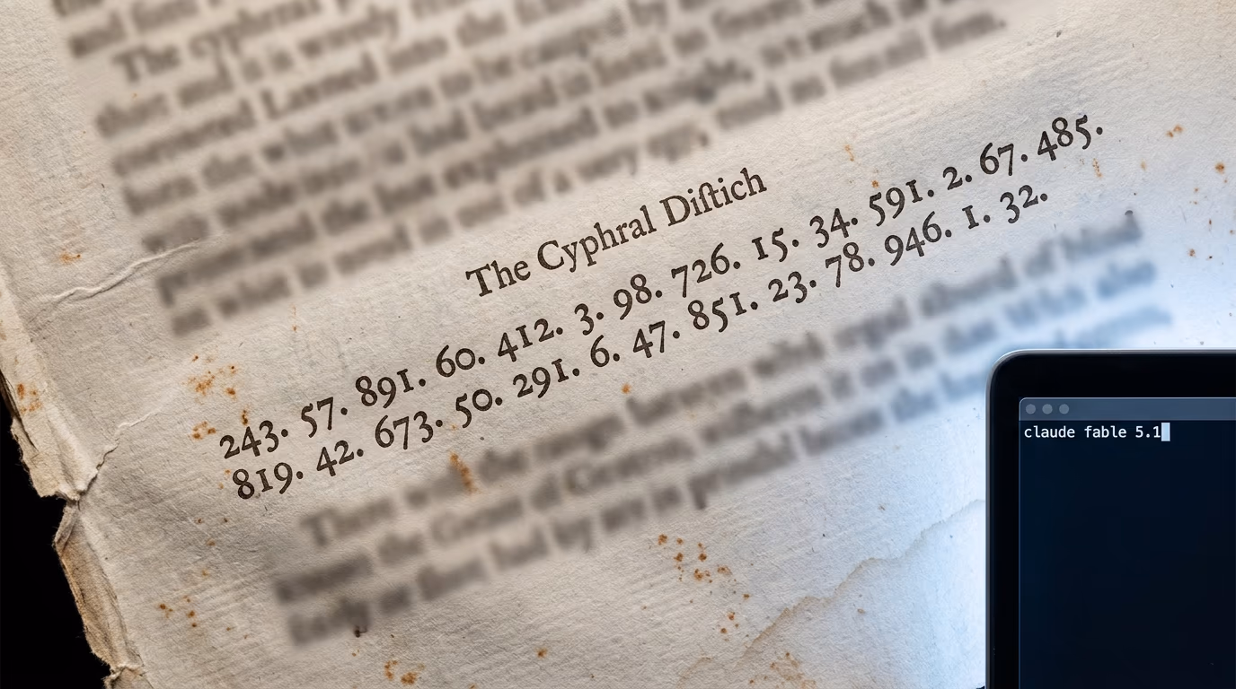 Claude Fable 5.1 cipher, the two rows of numbers of the Cyphral Distich printed in a 1653 book beside a terminal running the model