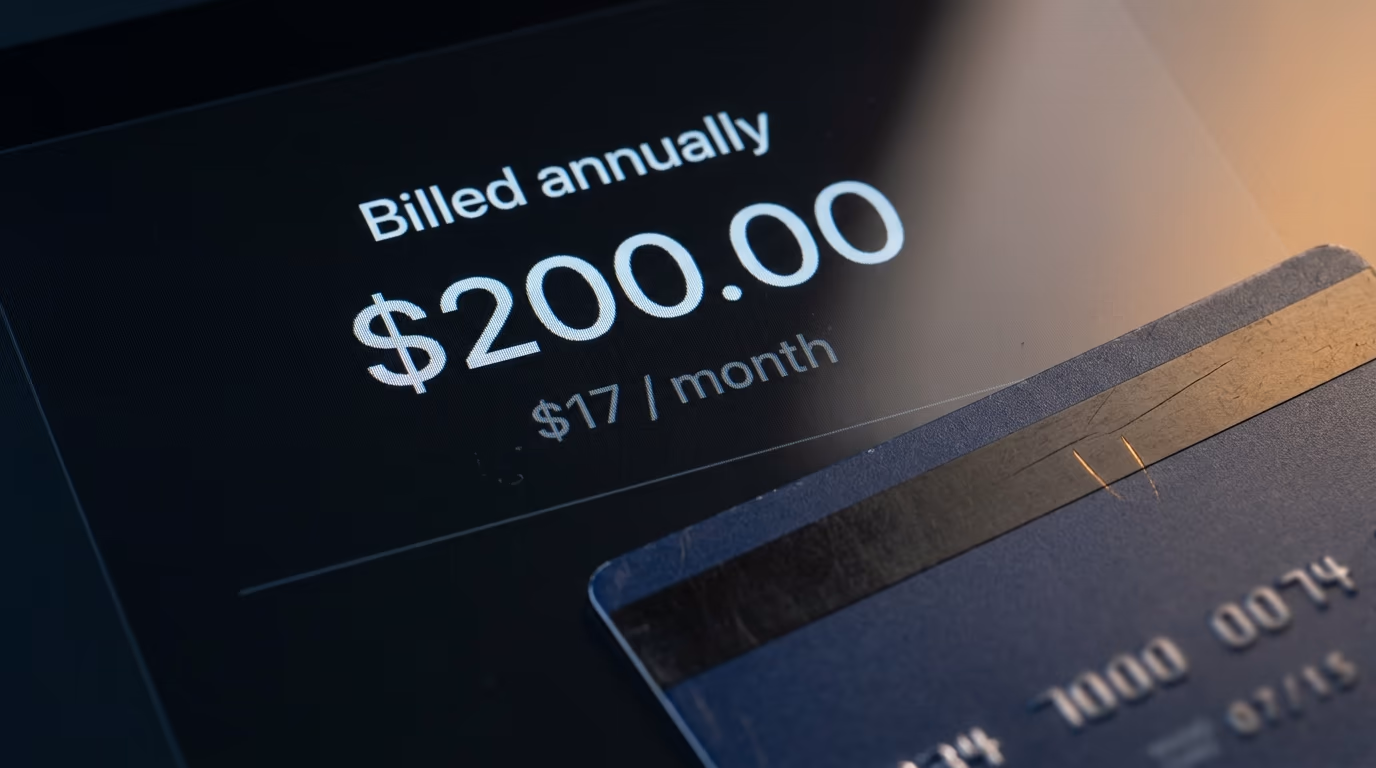 Billing screen showing an annual charge of $200.00 and a line reading $17 a month