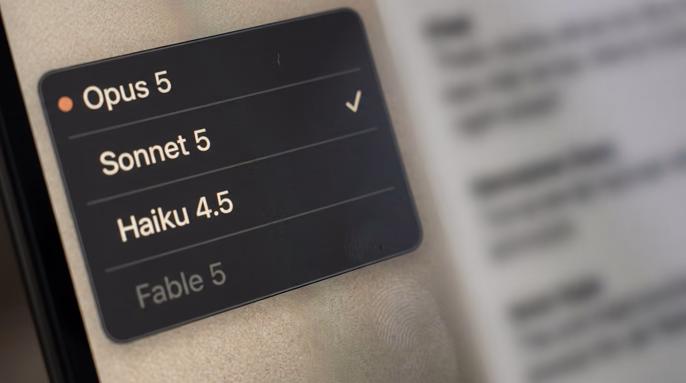 Model picker menu listing Opus 5, Sonnet 5, Haiku 4.5 and a dimmed Fable 5