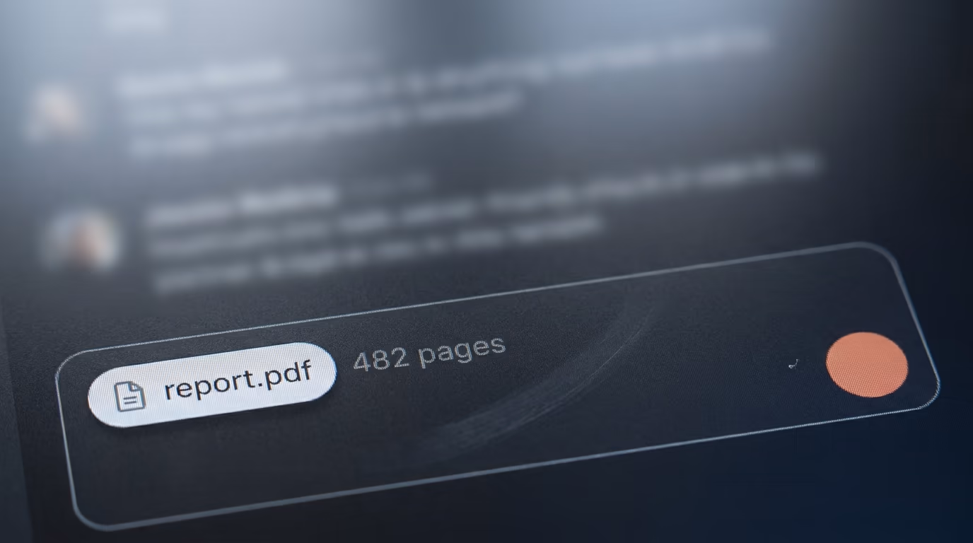 Chat composer with a large PDF attached, showing a 482 page document