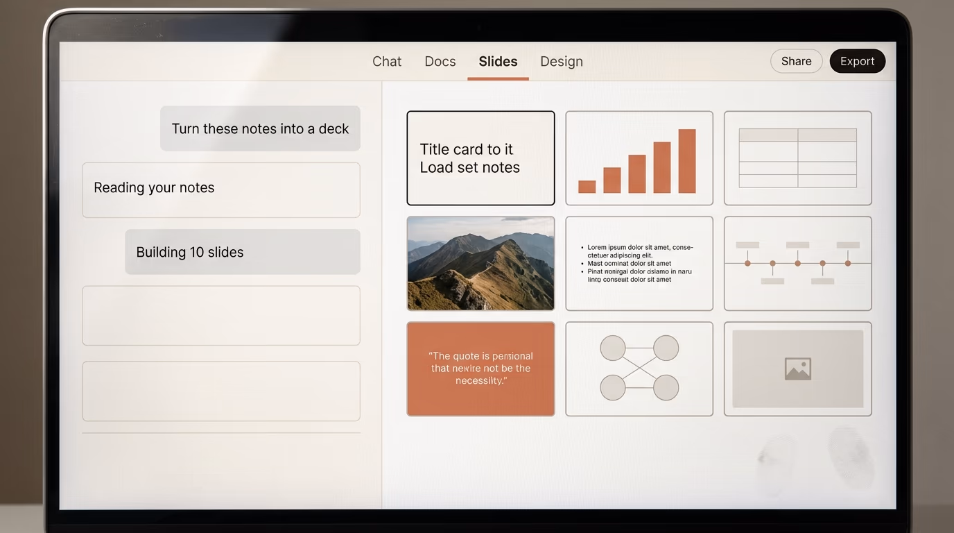 Claude Slides sitting beside Docs and Design in one merged workspace, a chat thread on the left and a grid of slide thumbnails on the right