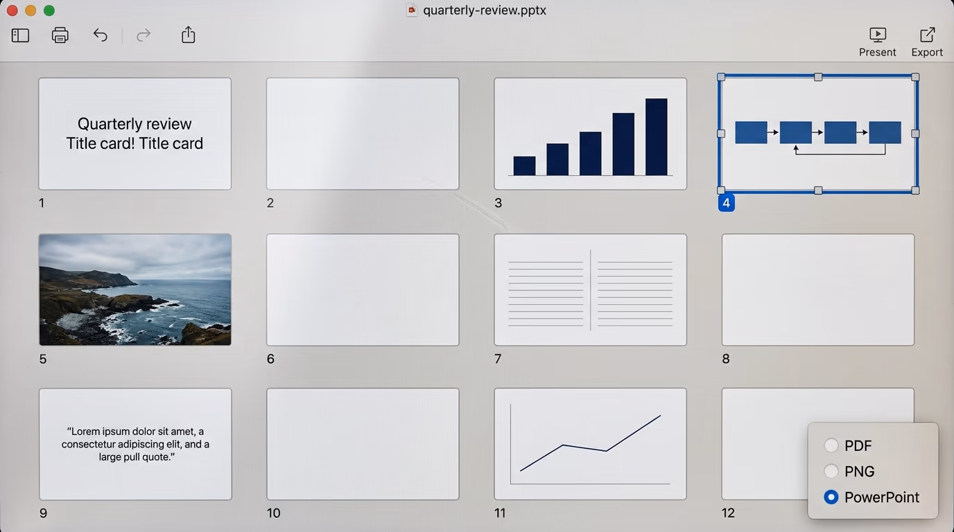 A deck exported as a pptx file open in slide sorter view, with the export options for PDF, PNG and PowerPoint