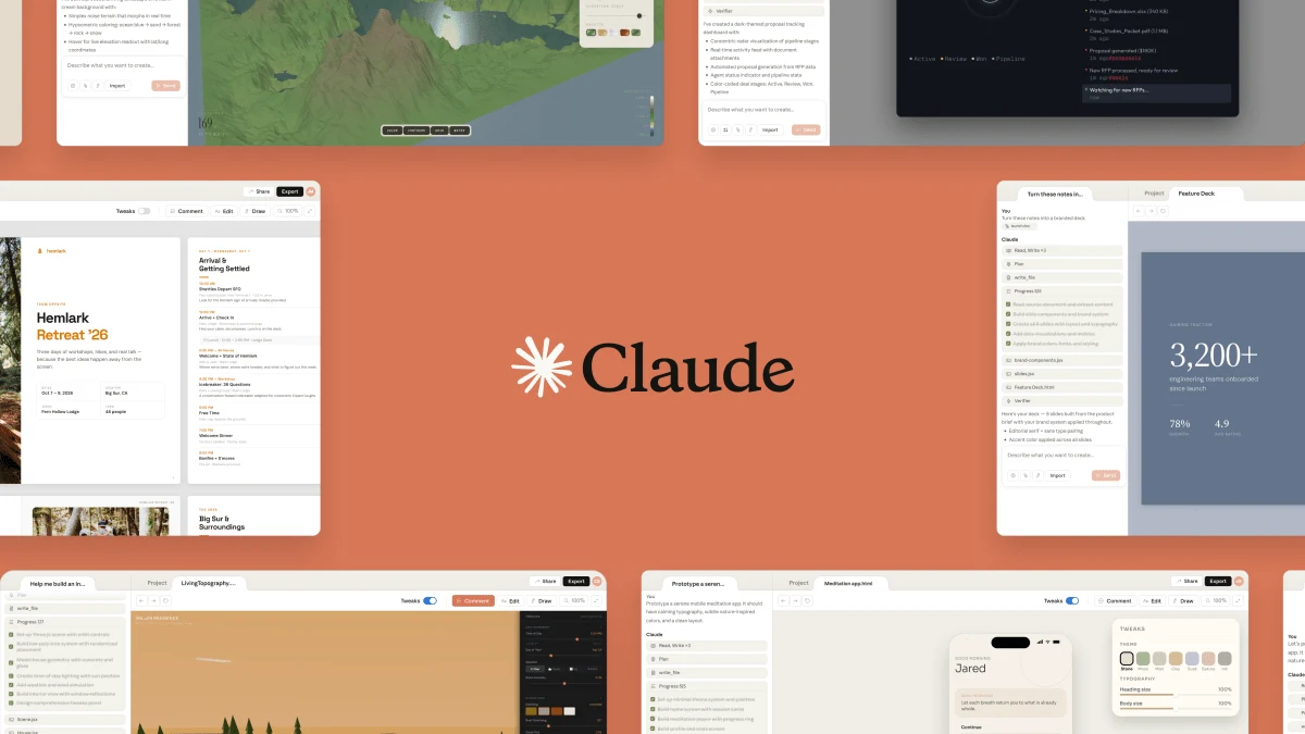 Claude Slides and Claude Design decks and documents shown in Anthropic's own press image