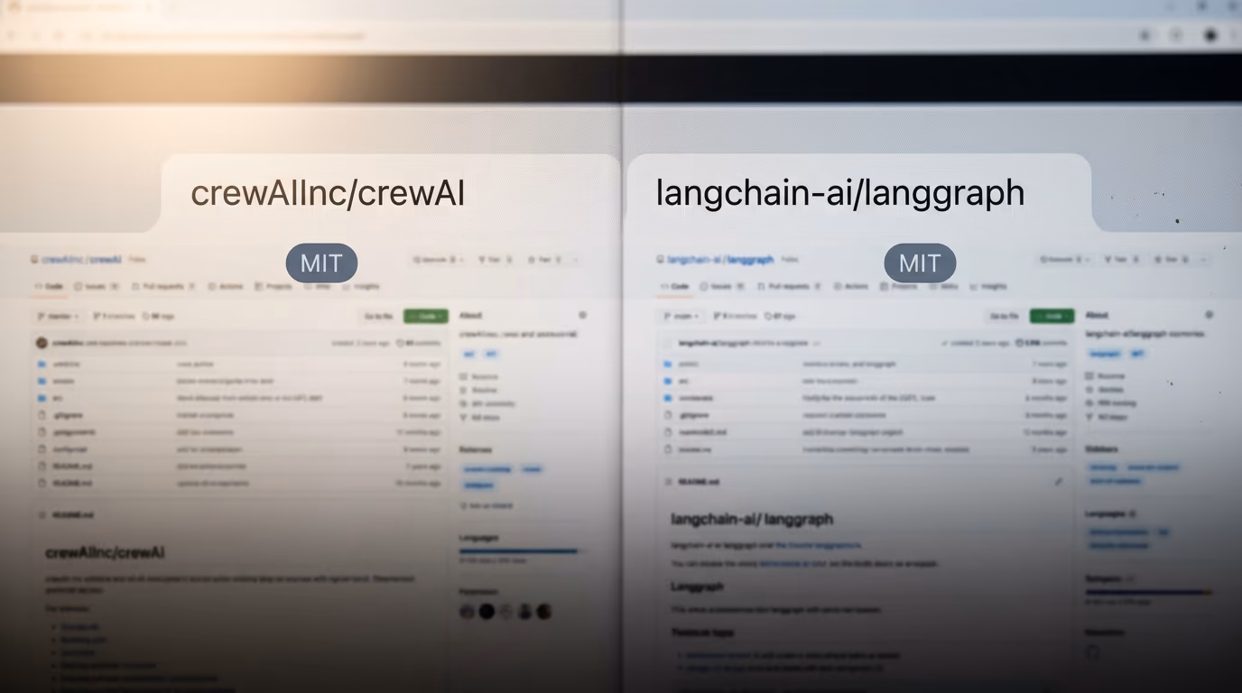 The CrewAI and LangGraph repository pages open side by side