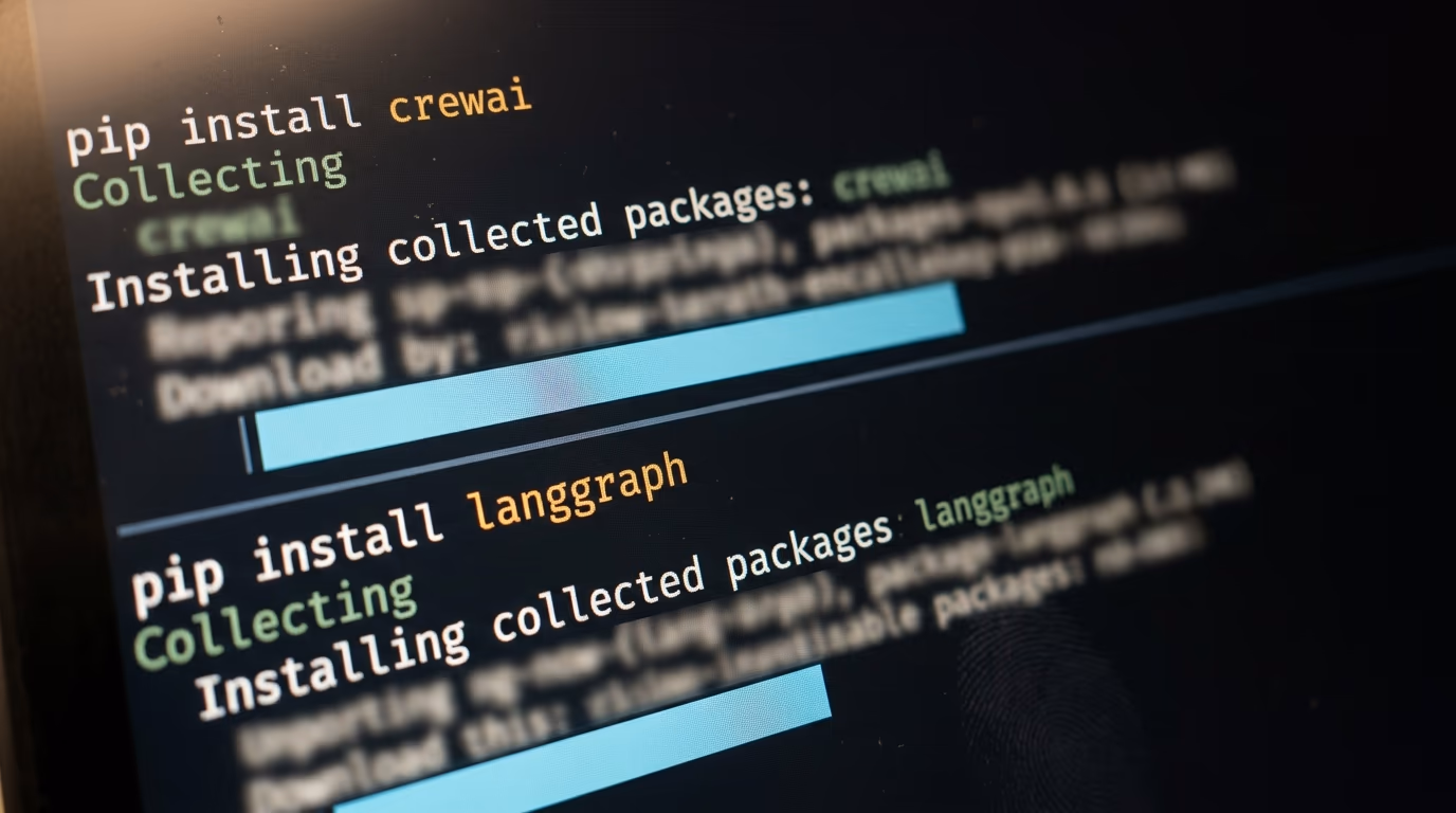 A terminal running pip install crewai and pip install langgraph in two panes