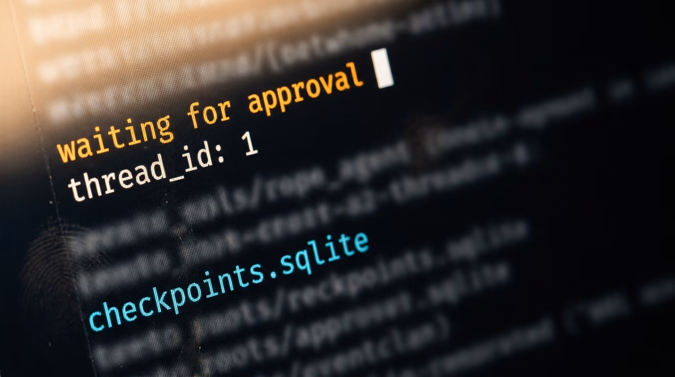 A terminal showing an agent run waiting for approval beside a checkpoints.sqlite file