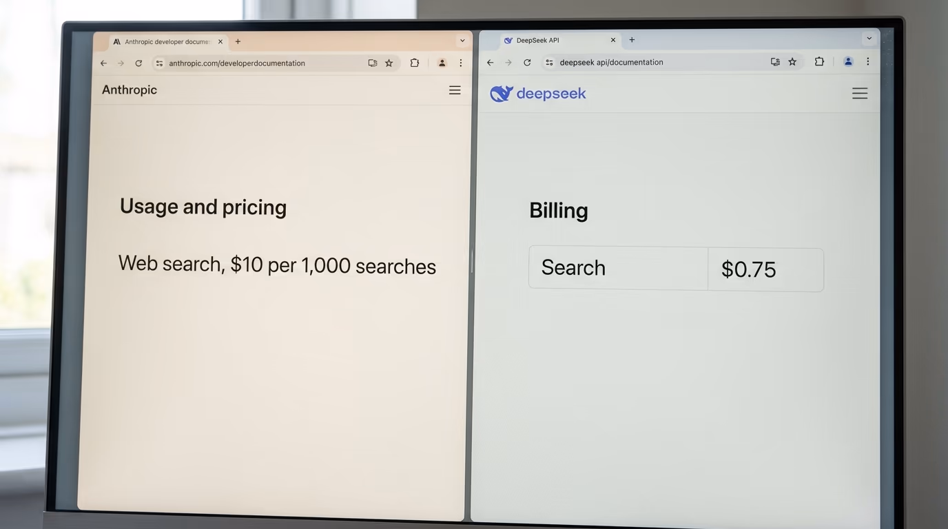 Anthropic's web search pricing line beside DeepSeek's search price on one screen