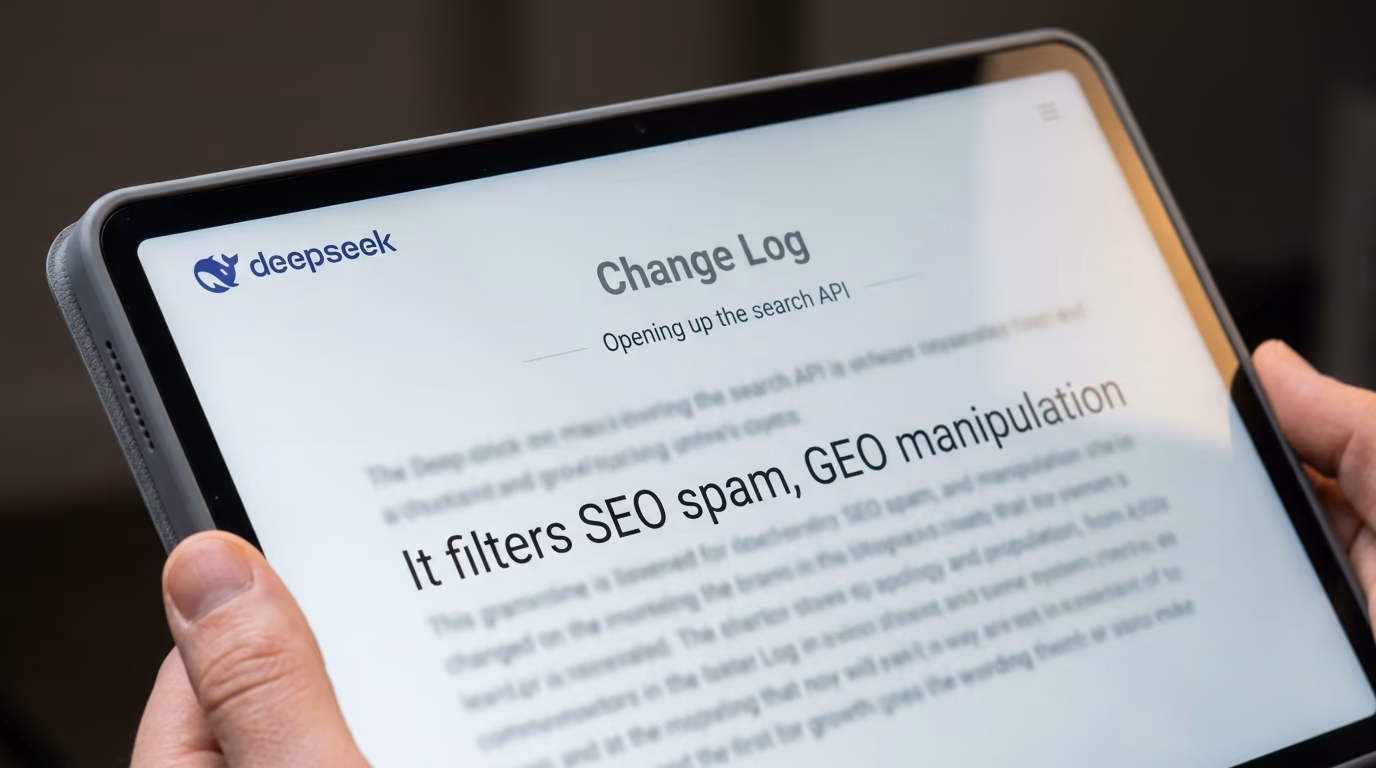 DeepSeek's change log entry on a tablet, showing the sentence about filtering SEO spam and GEO manipulation