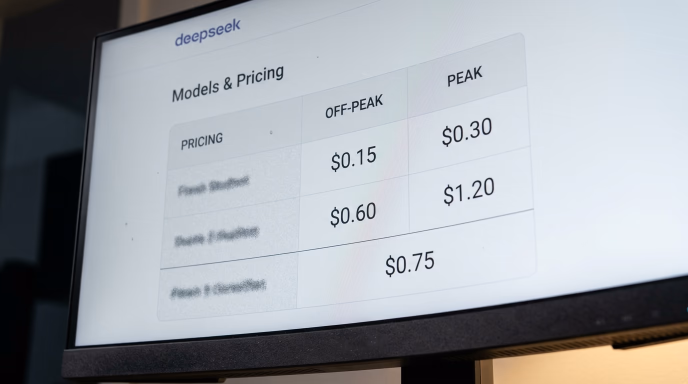 DeepSeek's pricing table showing the off peak and peak columns beside the flat search price