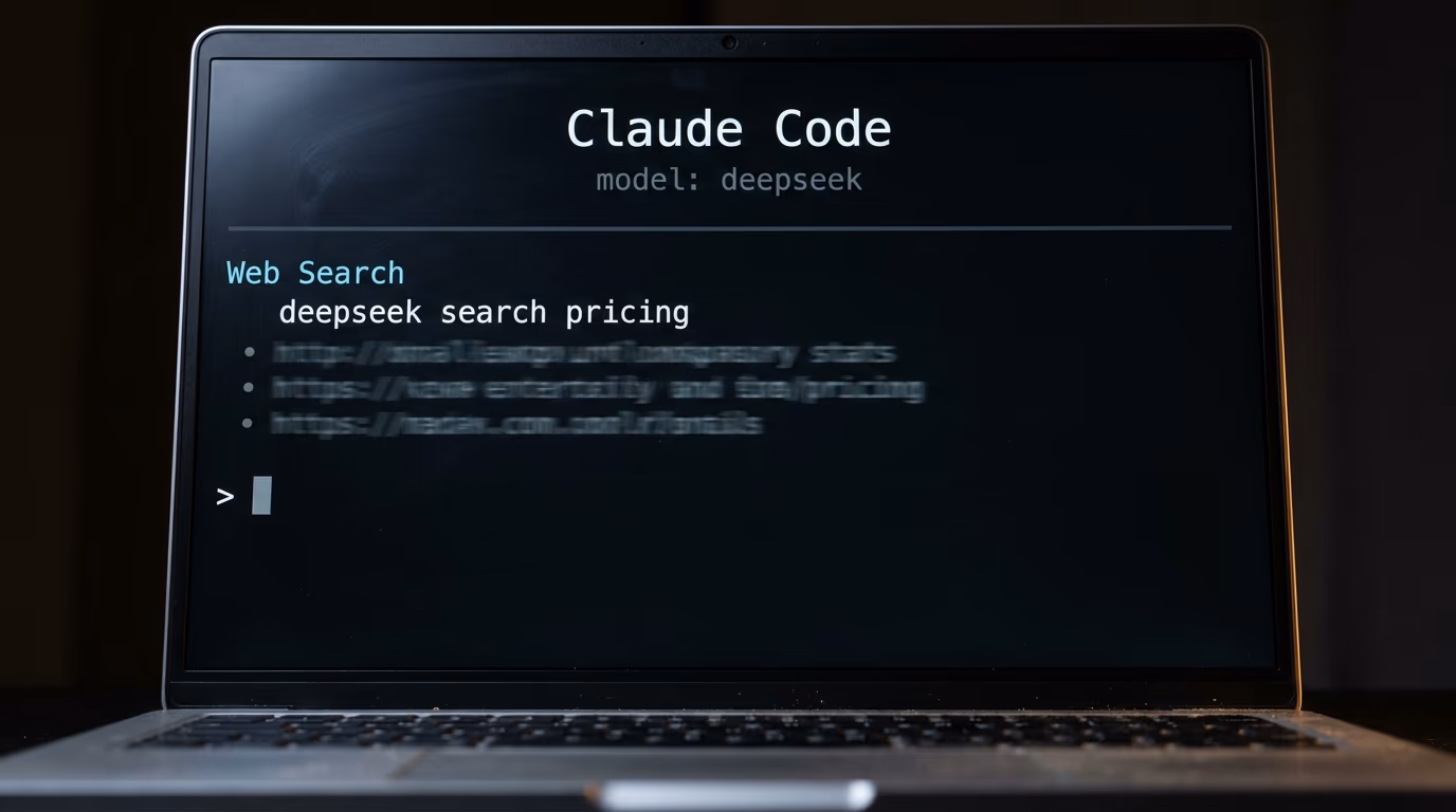 Claude Code running against a DeepSeek credential with a web search step in the session