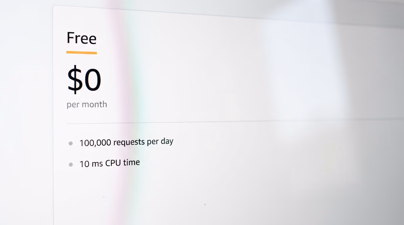 The Cloudflare Workers pricing page showing the free plan request and CPU limits