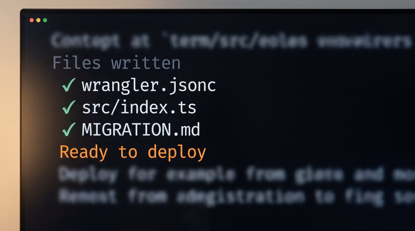 A terminal where a coding agent writes the Cloudflare configuration files for a Deno project