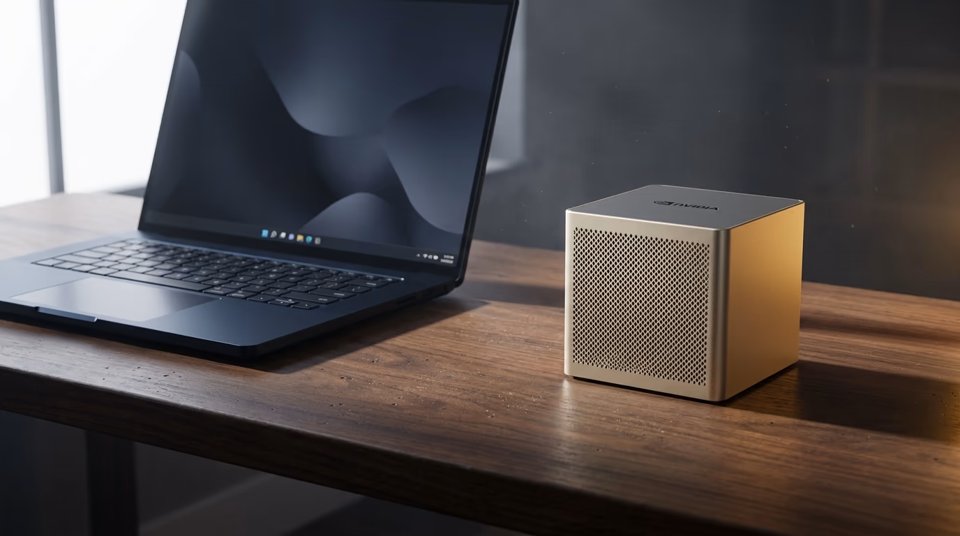 A premium Windows laptop open on a bench beside the much smaller NVIDIA DGX Spark box