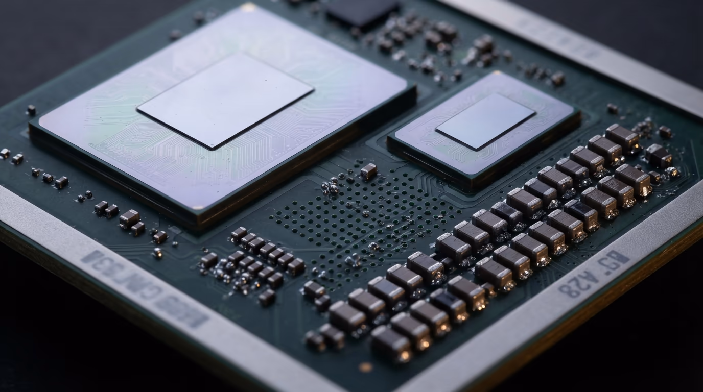 Extreme macro of a large multi die processor package of the kind NVIDIA uses in its Grace Blackwell systems
