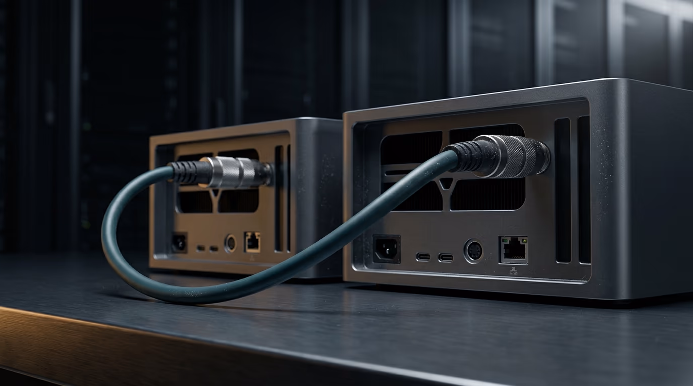 The rear of two NVIDIA DGX Spark units joined by a thick networking cable between their ConnectX ports