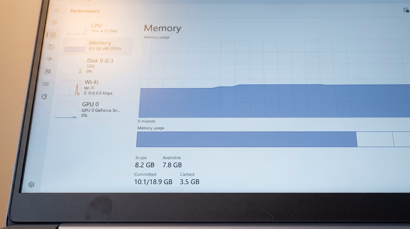 A Windows task manager performance pane showing a memory graph and shared memory figures on a laptop screen