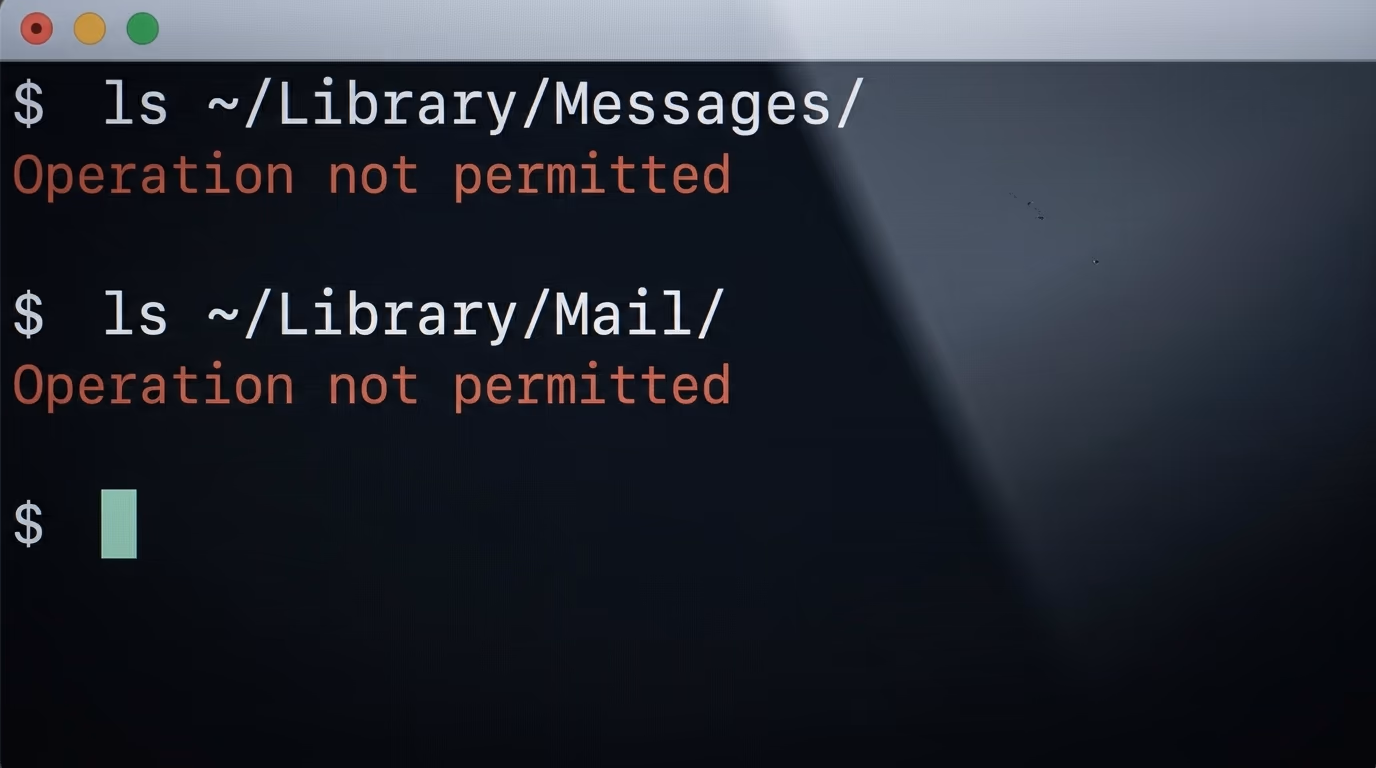 A Mac terminal refusing to list the Messages and Mail folders with the message Operation not permitted
