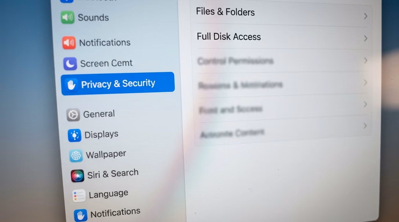 Privacy and Security selected in the macOS System Settings sidebar with Full Disk Access listed in the pane