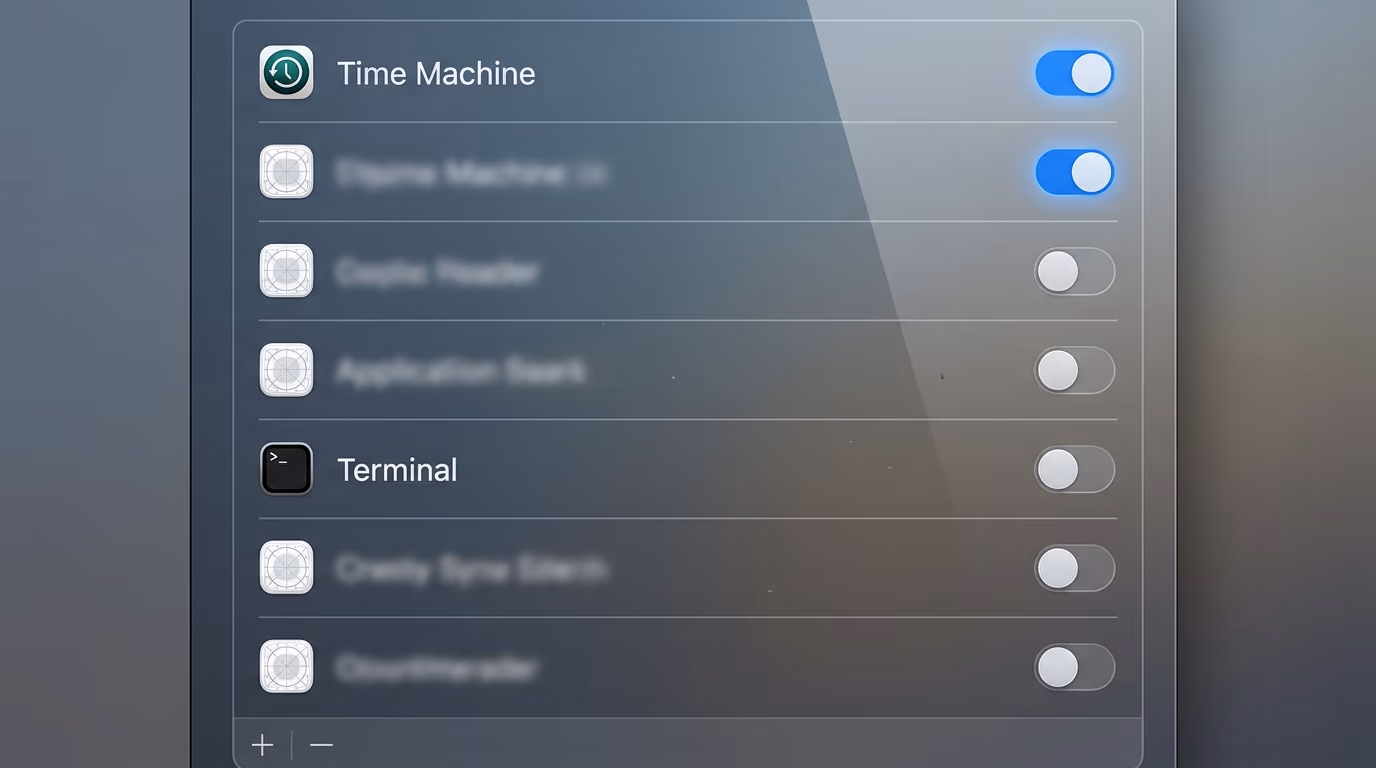 The Full Disk Access list on a Mac with Time Machine switched on and Terminal switched off