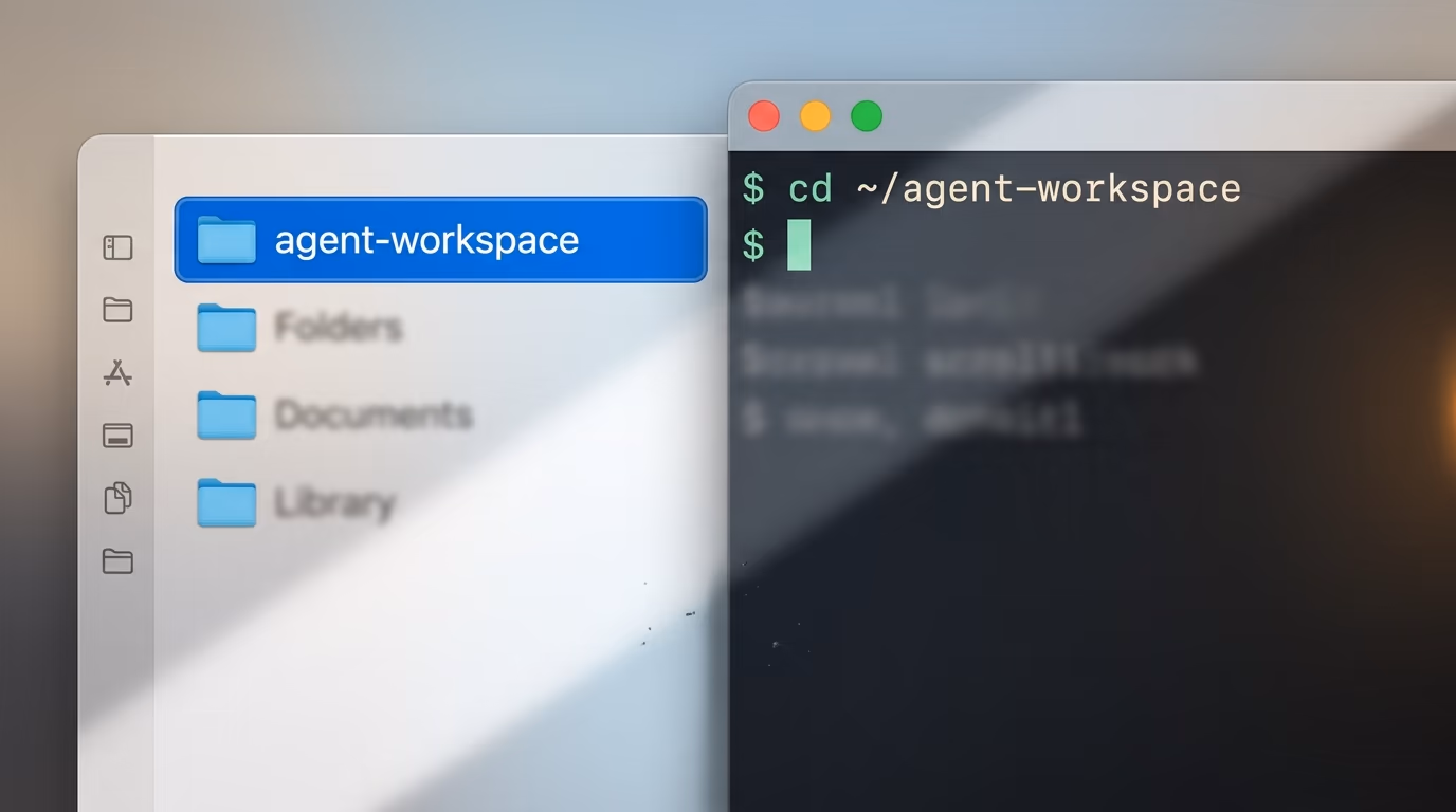 A Mac Finder window showing one agent workspace folder beside a terminal pointed at the same folder
