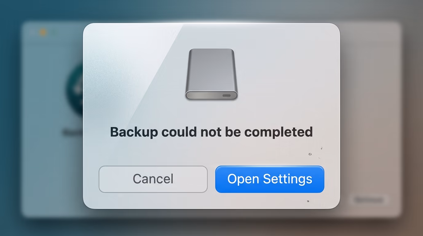 A macOS alert saying a backup could not be completed with a button offering to open Settings