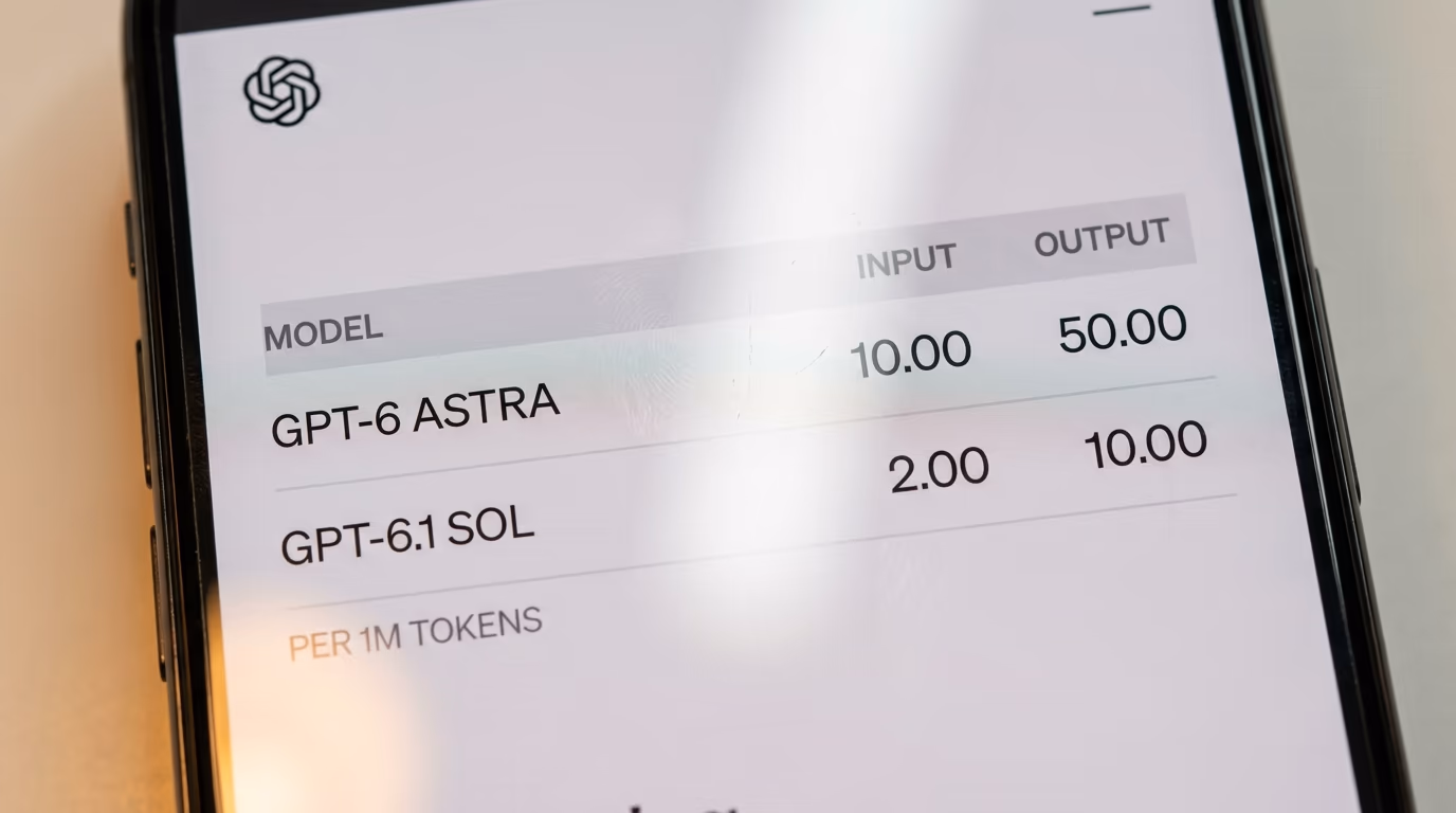 OpenAI's live pricing table showing GPT-6 Astra at ten dollars input and fifty dollars output per million tokens