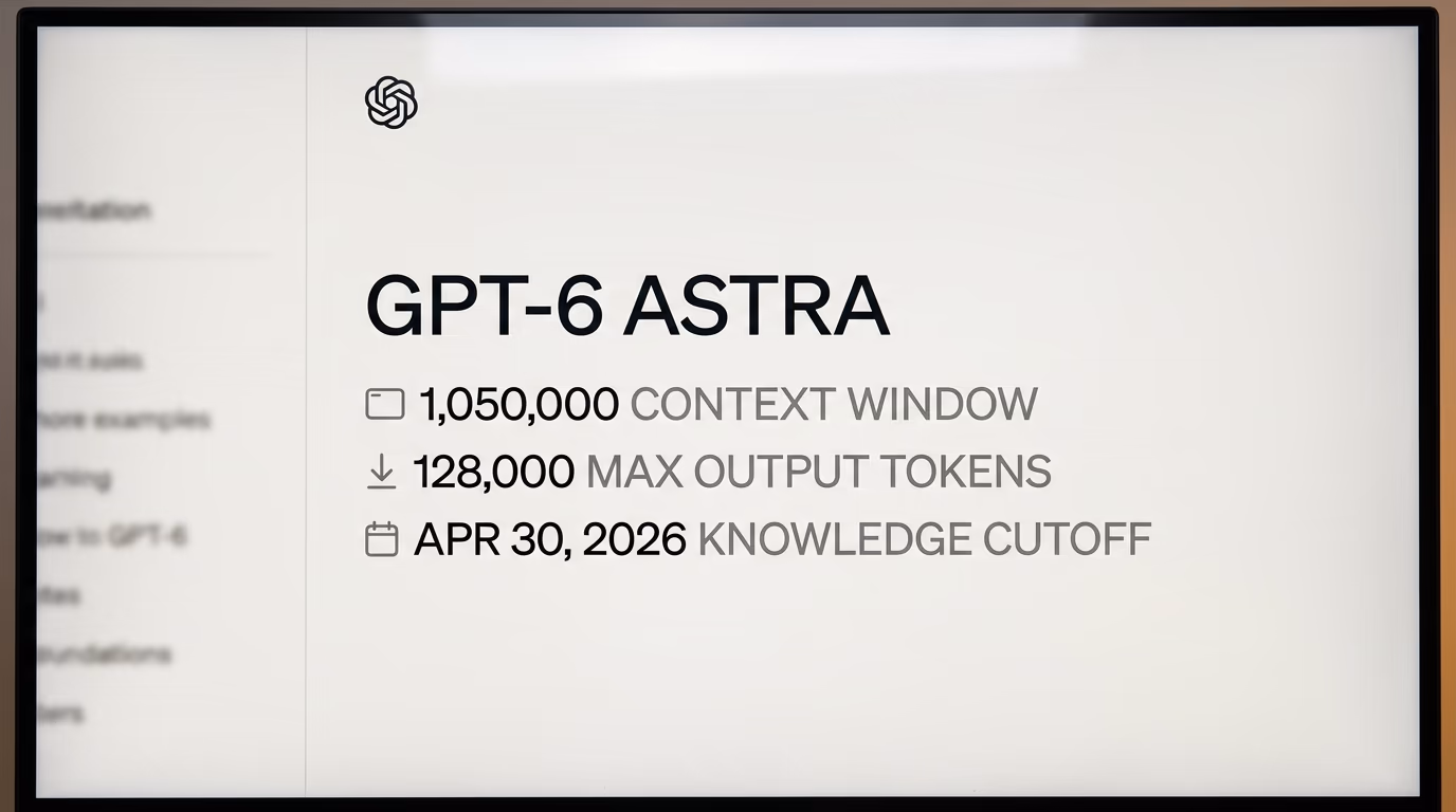 OpenAI's model reference page for GPT-6 Astra showing its maximum output tokens and context window