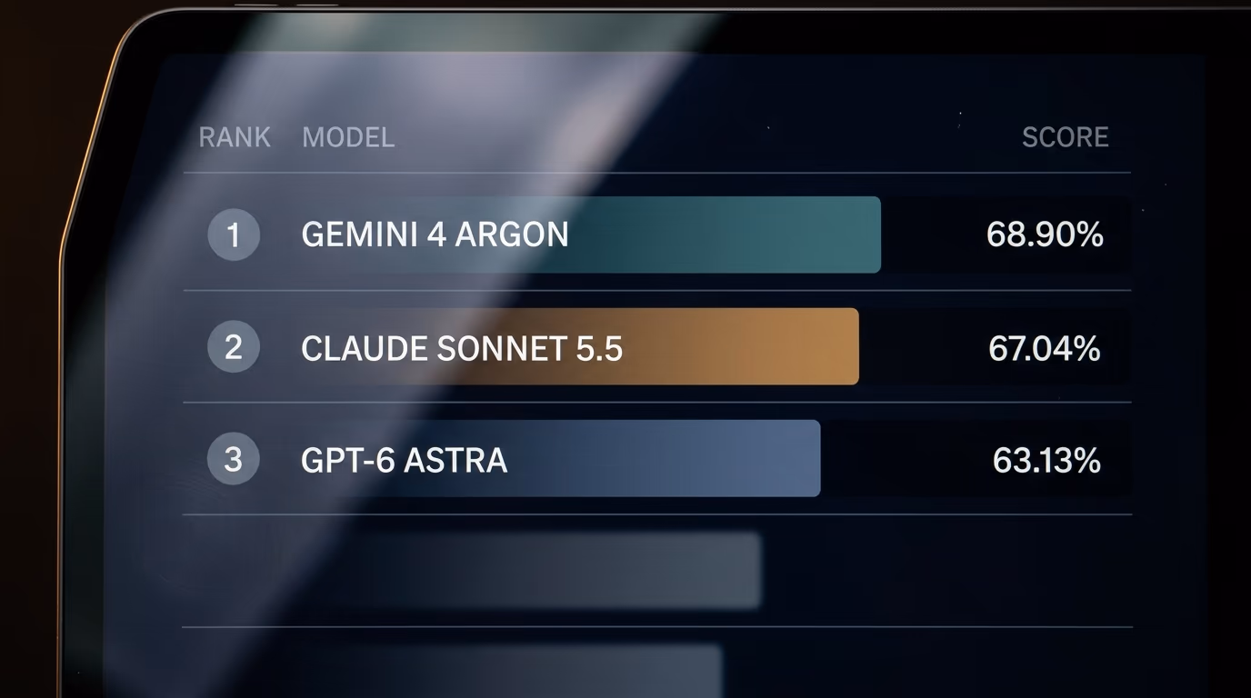 The Vals AI leaderboard ranking Gemini 4 Argon first, Claude Sonnet 5.5 second and GPT-6 Astra third