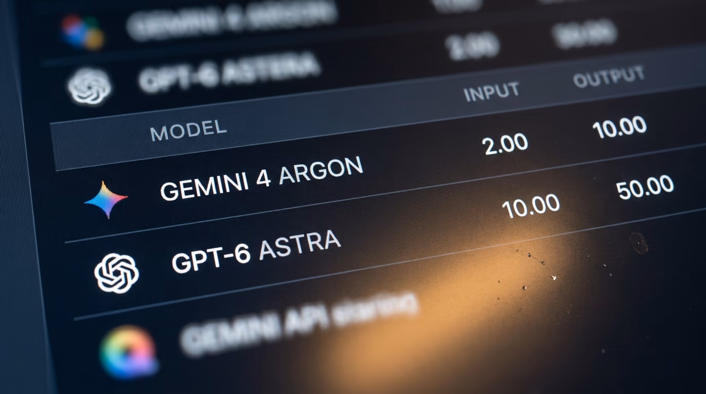 Gemini 4 Argon vs GPT-6 Astra, the two models and their published prices side by side in an API pricing table