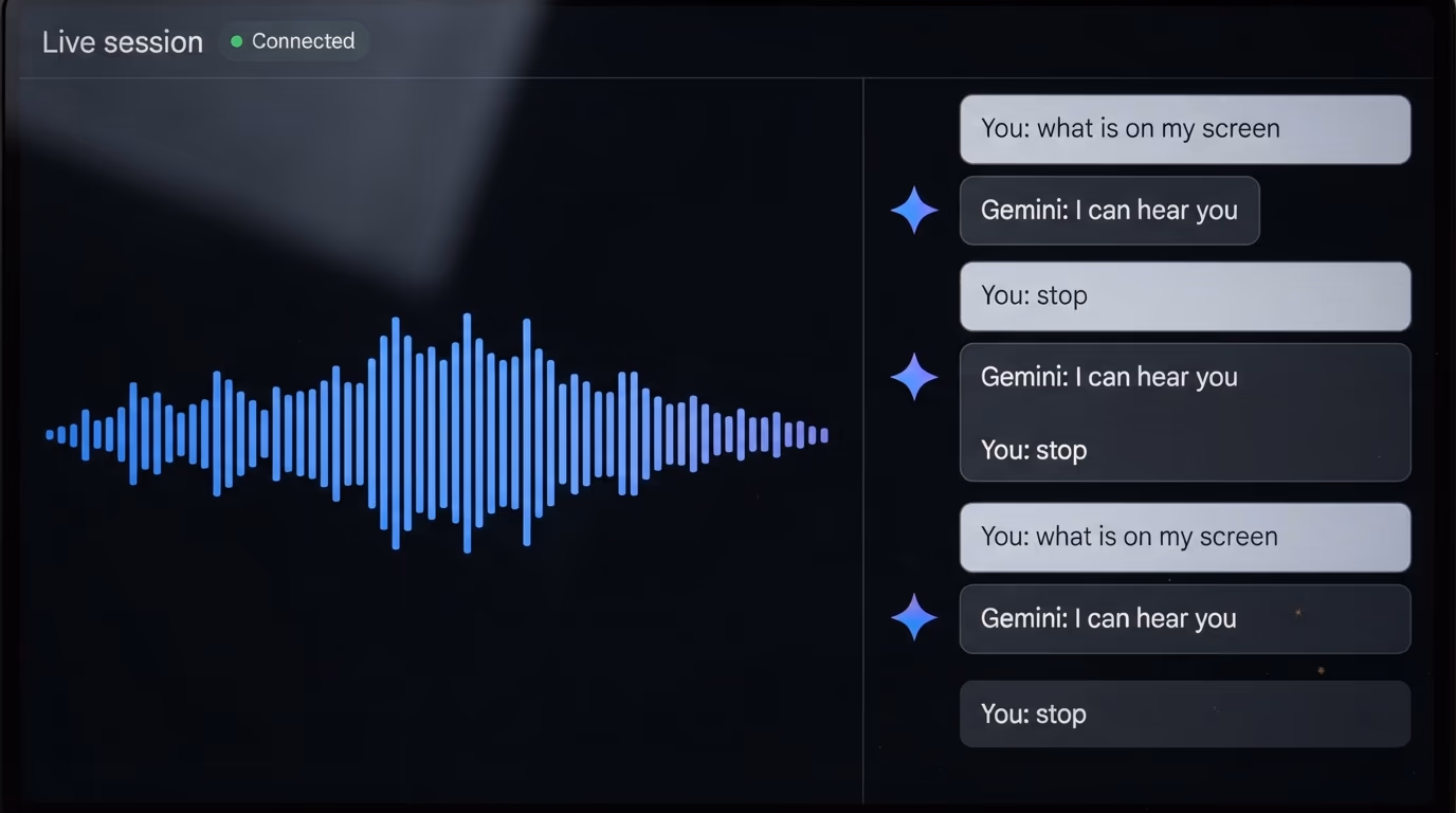 What the Gemini Live API does, a live voice session showing an audio waveform and a scrolling transcript