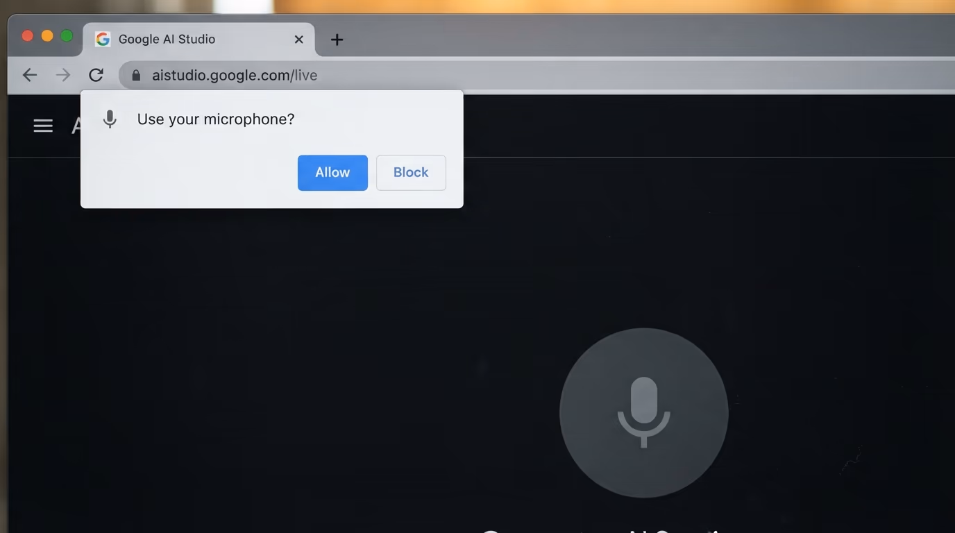 What you need for the Gemini Live API, a browser asking for permission to use the microphone on the AI Studio live page